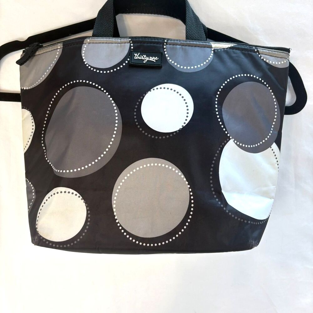 Thirty-One Thermal Tote Insulated Lunch Bag Black Gray White Big Dots Retired